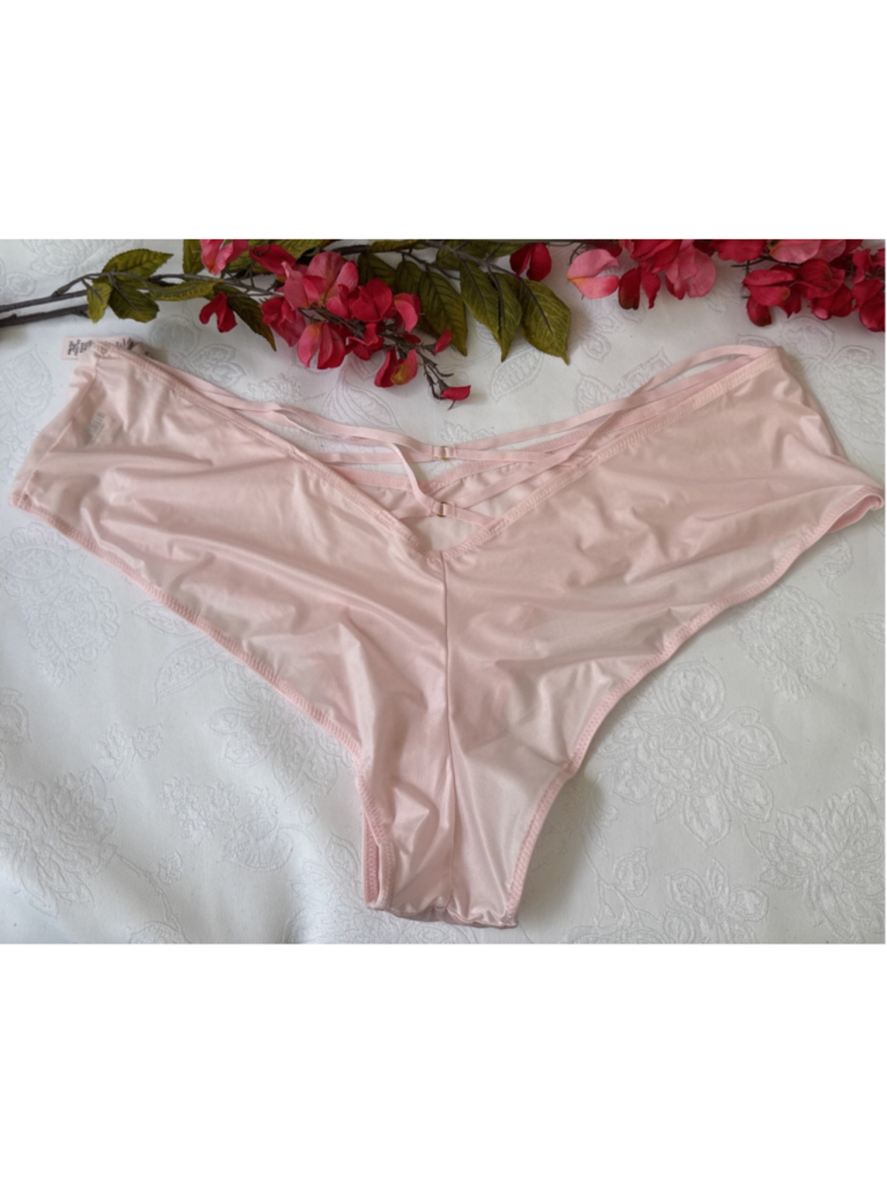 VICTORIA'S SECRET XXL SILKY PINK VERY SEXY STRAPPY CHEEKY HI LEG PANTIES NWT